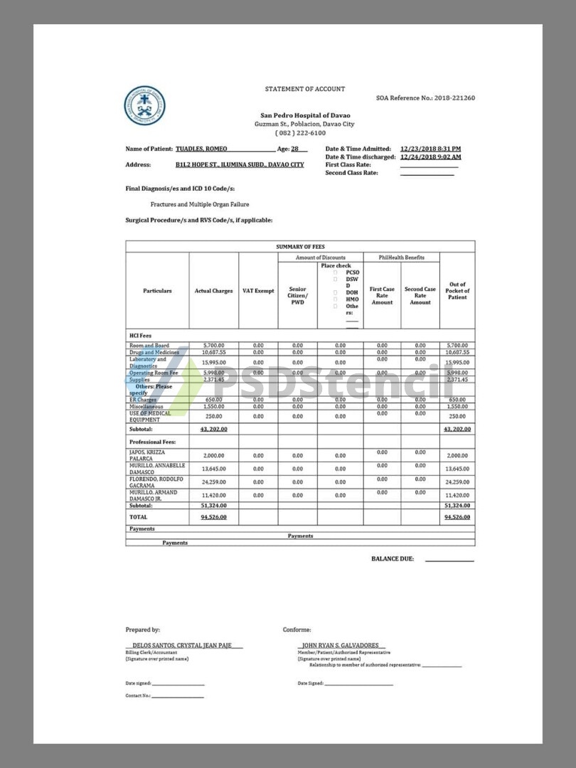 东南亚|菲律宾Philippines Davao San Pedro Hospital Bill医院账单/KYC地址证明pdf模板 | 九流网络-九流网络
