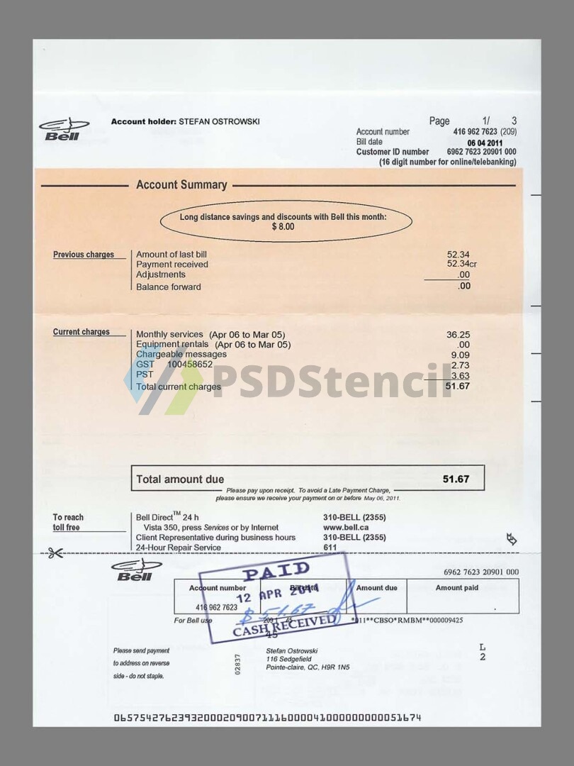 北美|加拿大Canada BELL Mobile Bills水电费账单/KYC地址证明psd模板 | 九流网络-九流网络