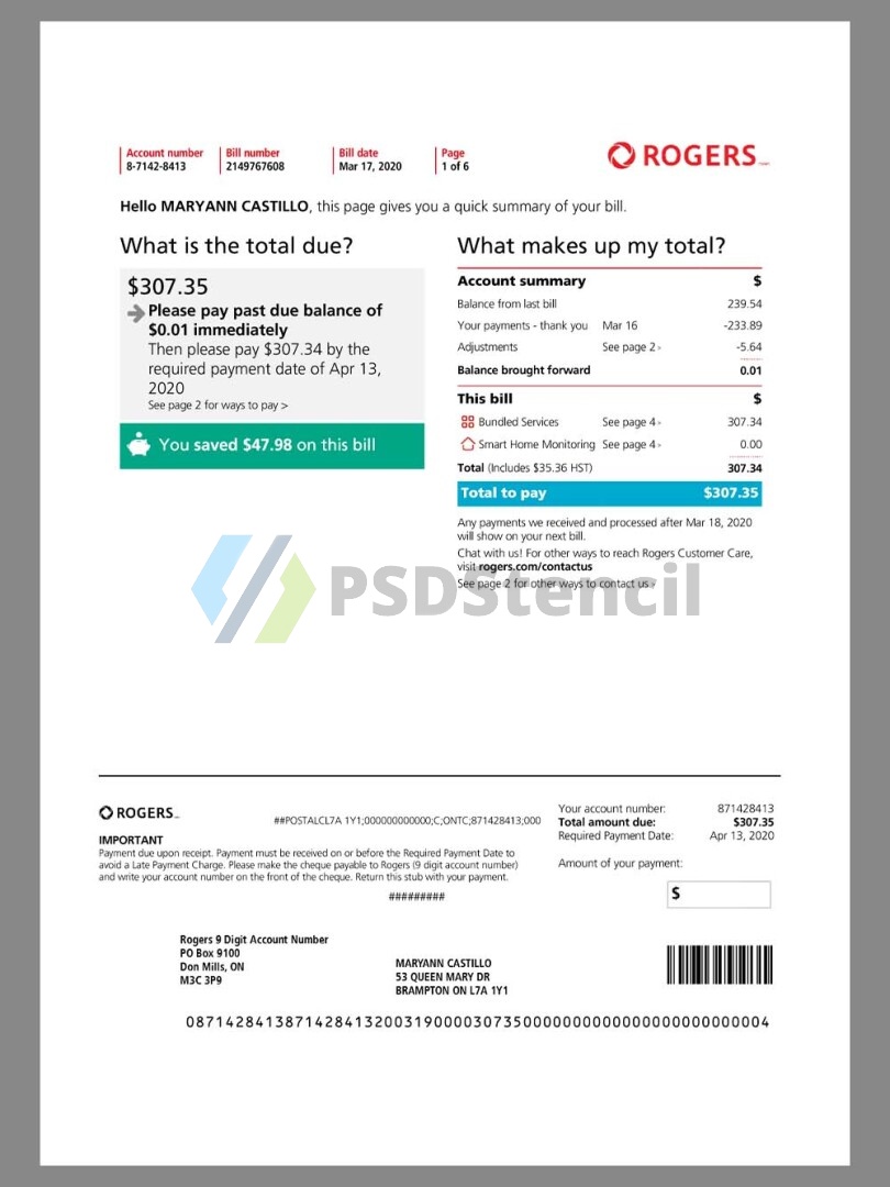 北美|Canada Rogers Telecom Utility Bills加拿大话费水电费账单word/pdf模板-九流网络