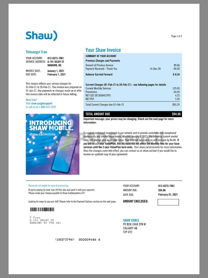 北美|Canada Shaw Mobile Invoice加拿大话费/水电费账单word/pdf模板-九流网络