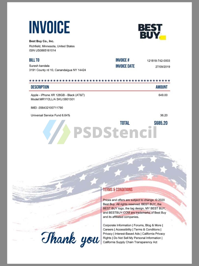 北美|USA BestBuy Buy Iphone Invoice美国百思买购物账单pdf模板-九流网络