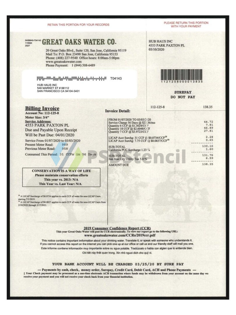 北美|USA California Great Oaks Water Utility Bills美国加州水电费账单pdf模板 | 九流网络-九流网络