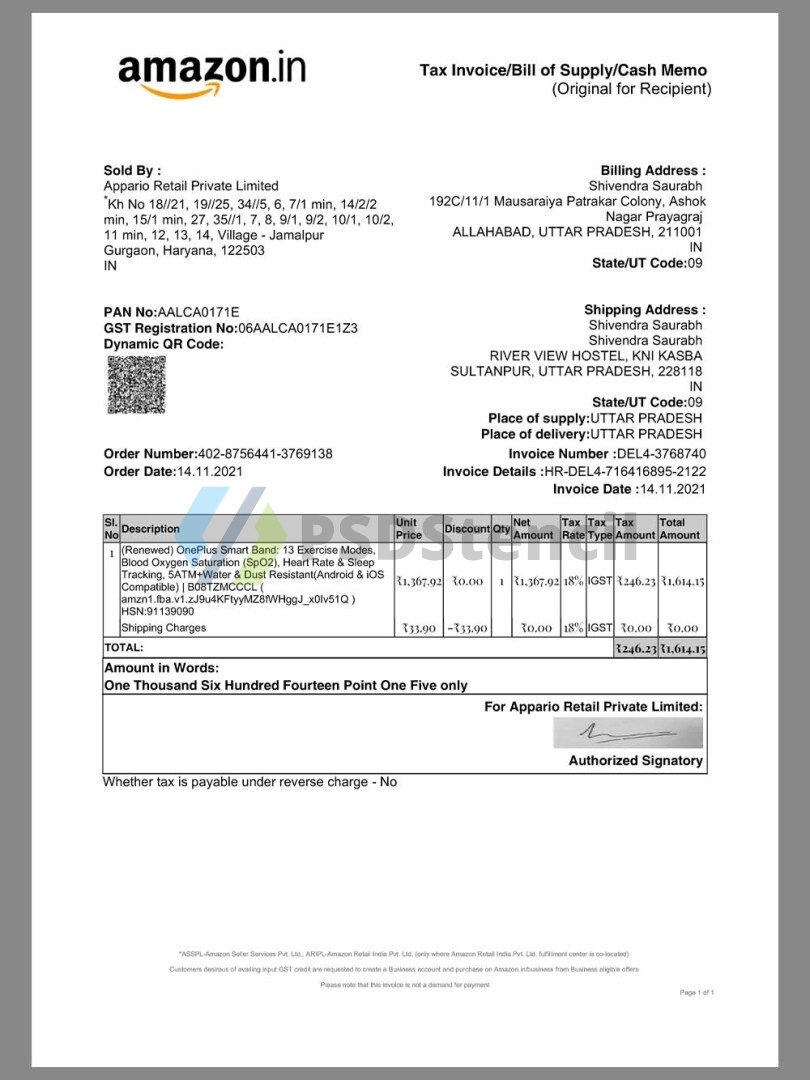 南亚|India Amazon Buy Oneplus Watch Invoice印度购物账单word/pdf模板 | 九流网络-九流网络