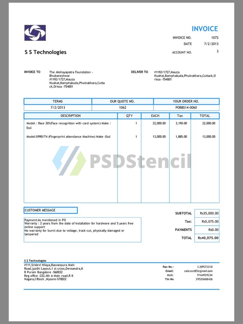 南亚|India SS Technologies Invoice印度软件购物账单word/pdf模板 | 九流网络-九流网络
