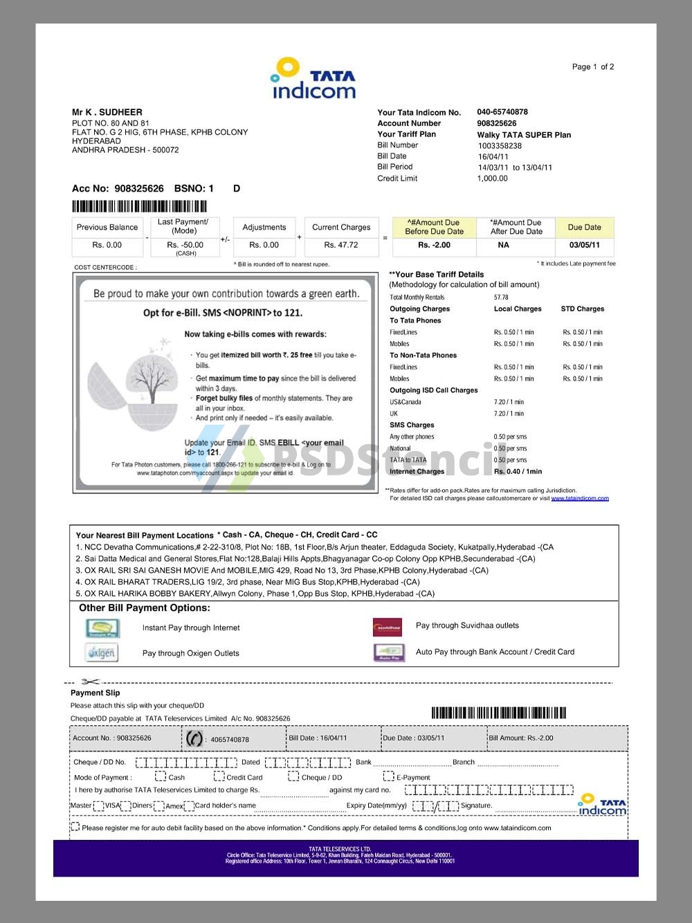 南亚|India TATA Indicom Mobile Invoice印度塔塔电信话费账单pdf模板-九流网络
