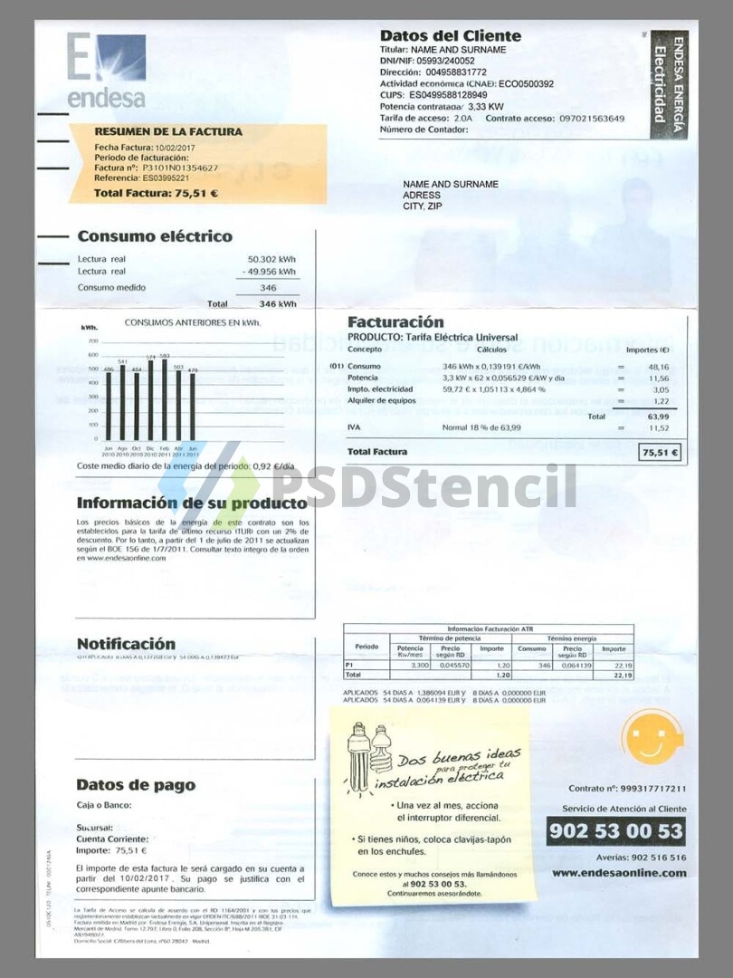 南美|西语|智利Chile Endesa Utility Bills水电费账单/KYC地址证明psd模板-九流网络