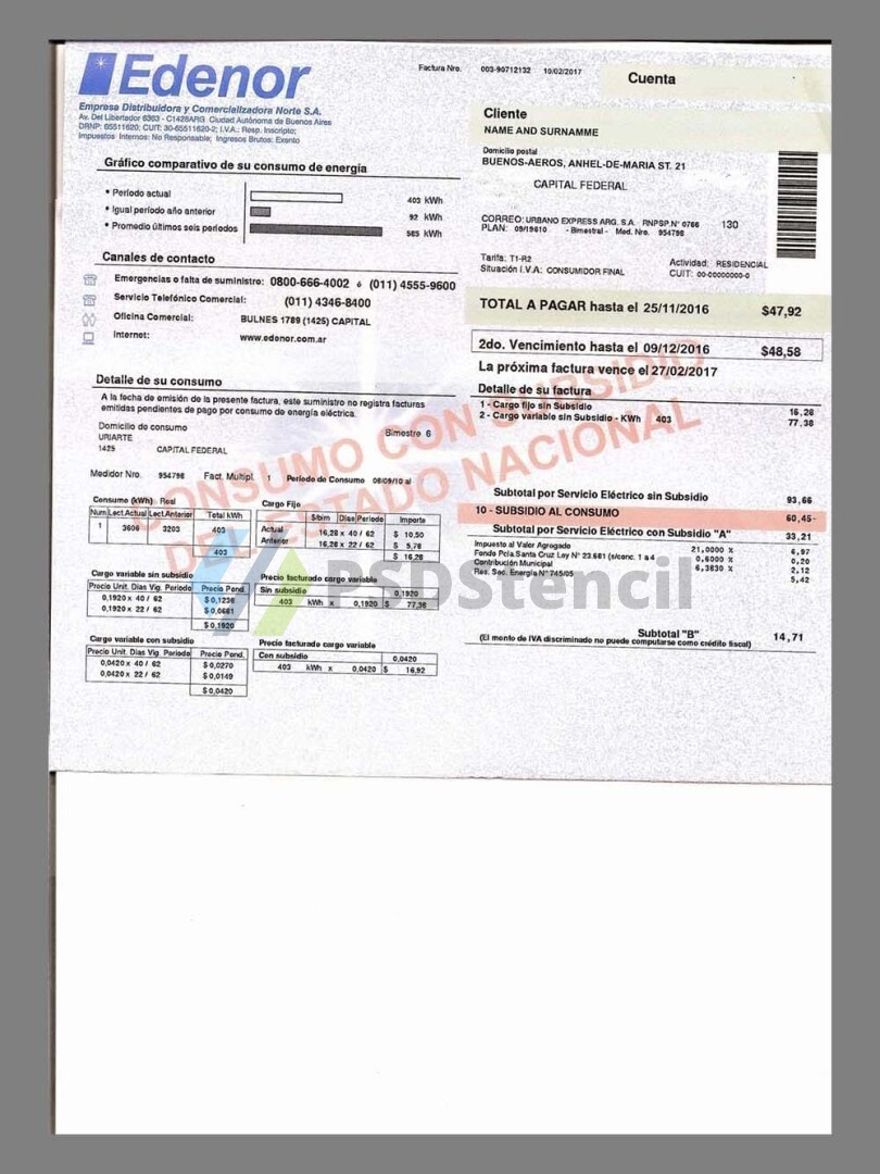 南美|Argentina阿根廷Edenor Utility Bills水电费账单/KYC地址证明psd模板-九流网络