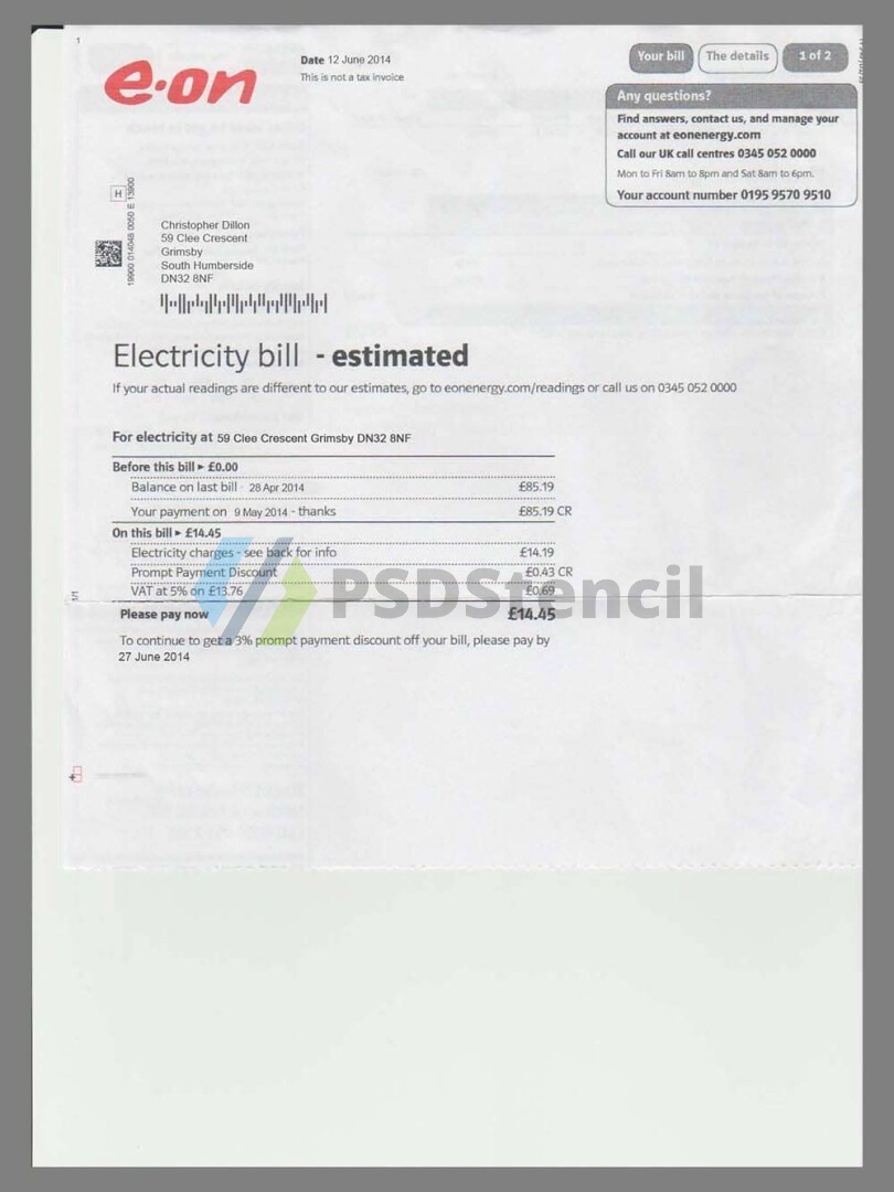 欧洲|英国UK E.On Electricity Utility Bills水电费账单/KYC地址证明psd模板 | 九流网络-九流网络