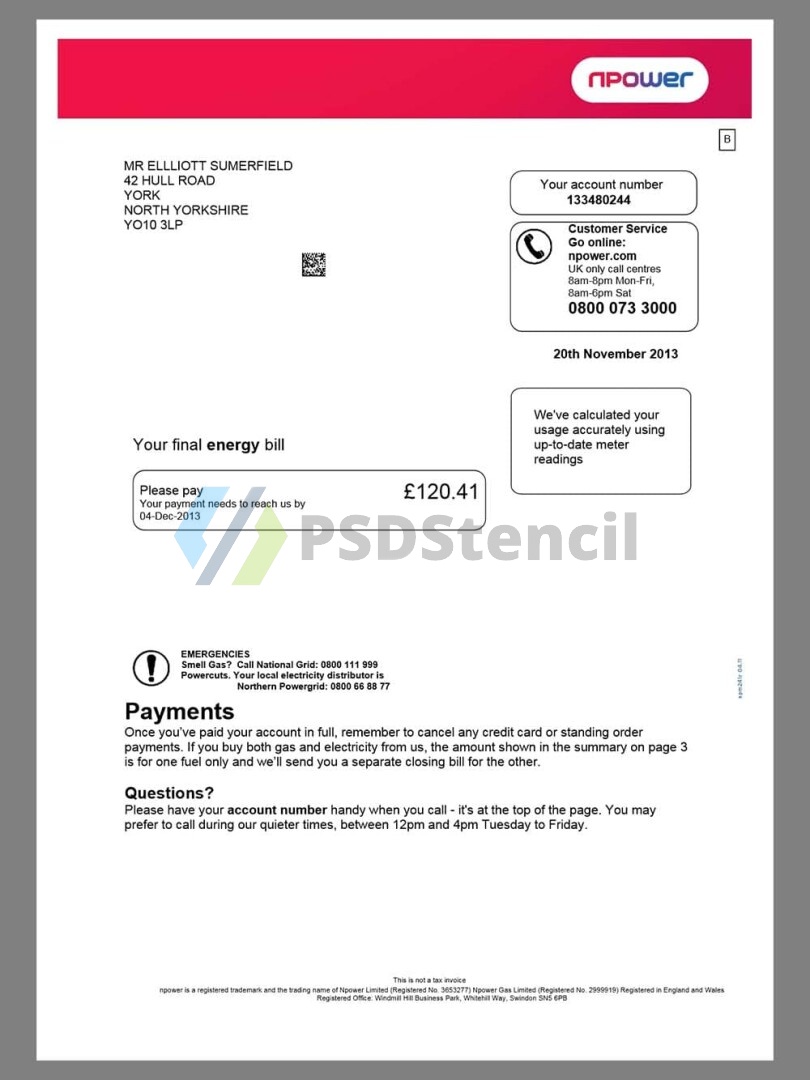 欧洲|英国UK Npower Energy Utility Bills水电费账单/KYC地址证明pdf模板 | 九流网络-九流网络