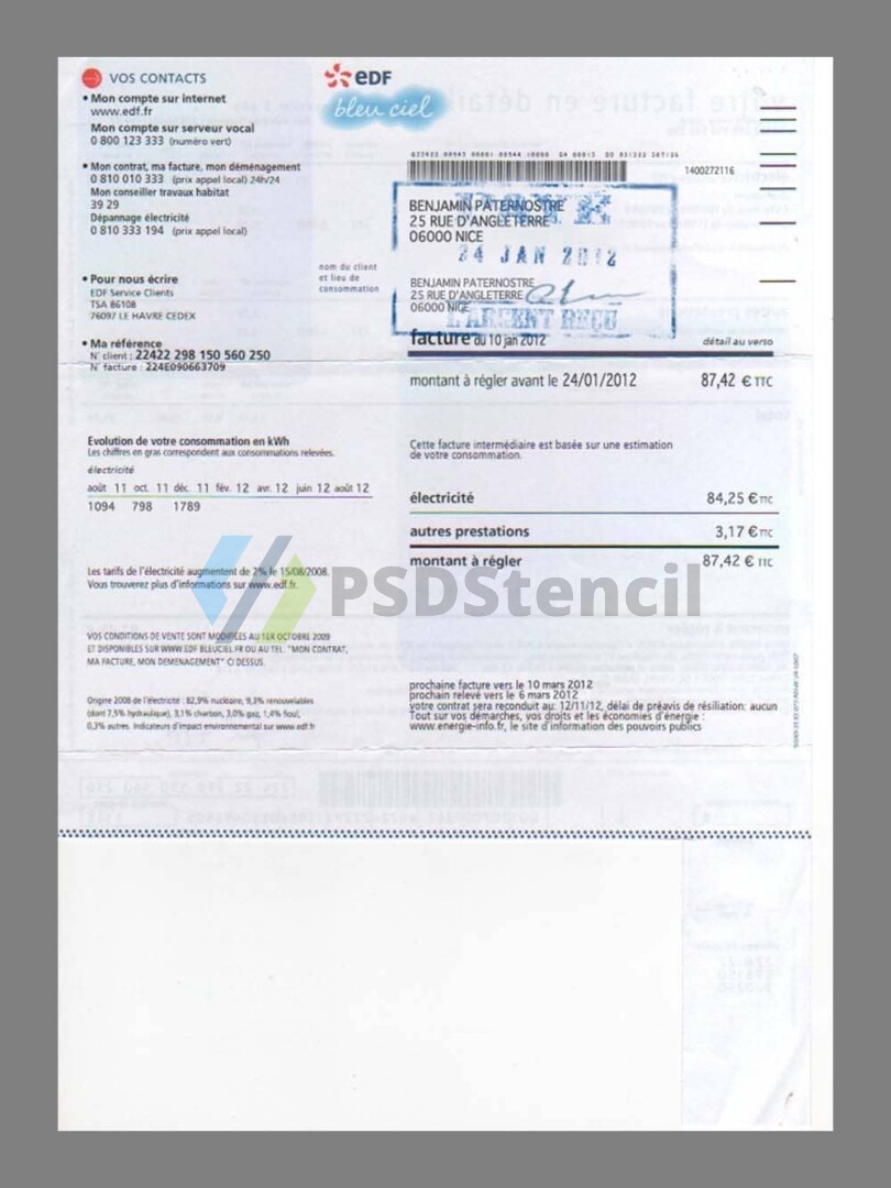 欧盟|法国France EDF Utility Bills水电费账单/KYC地址证明psd模板-九流网络