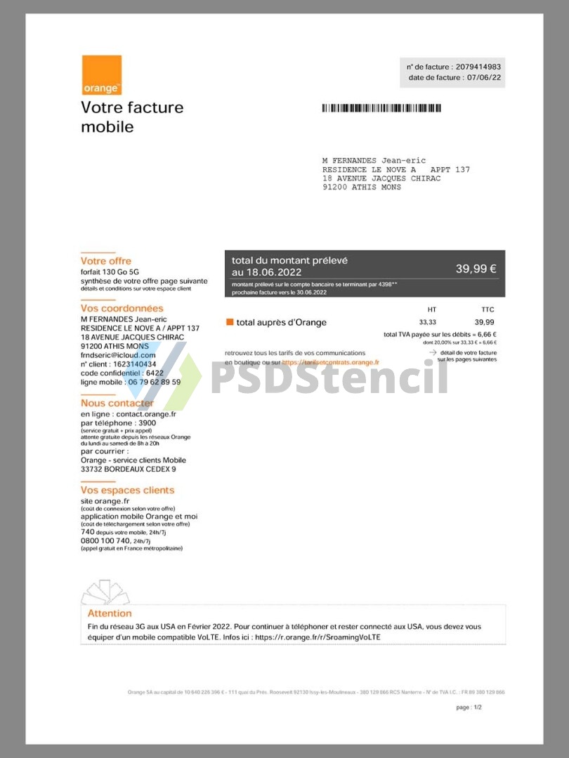 欧盟|France Orange Mobile Utility Bills法国话费账单/水电费账单pdf模板-九流网络