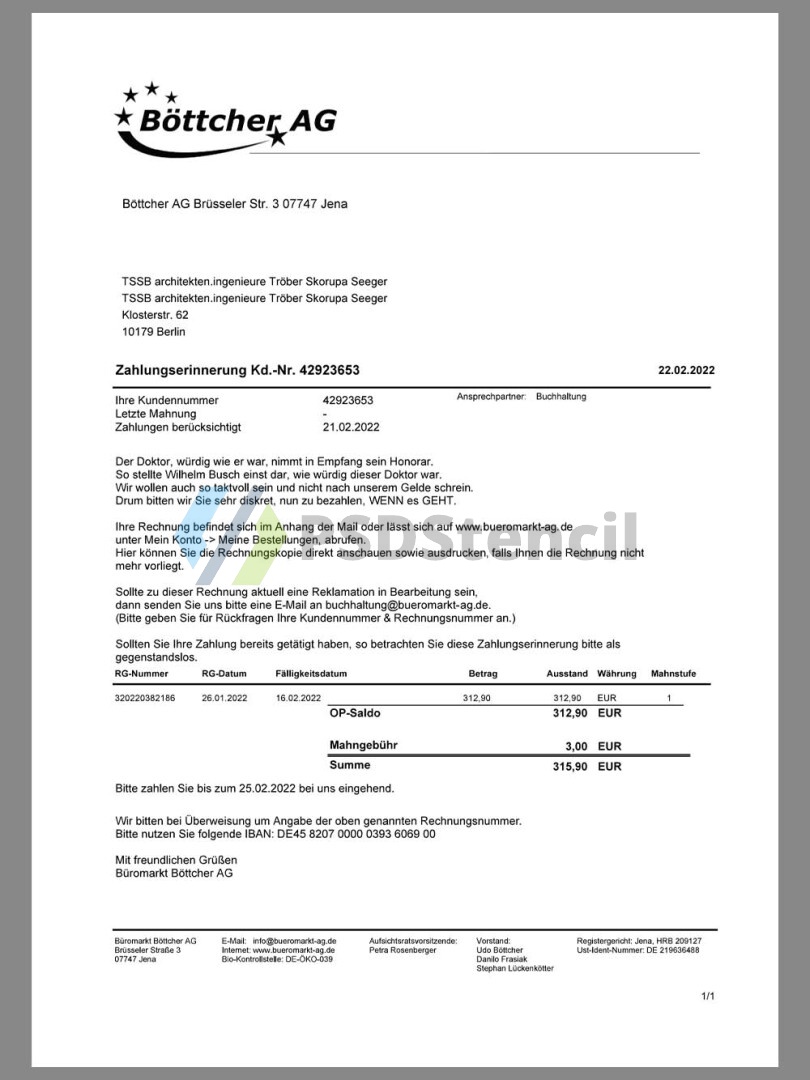欧盟|Germany Böttcher AG Buy Invoice德国购物账单/KYC地址证明pdf模板 | 九流网络-九流网络