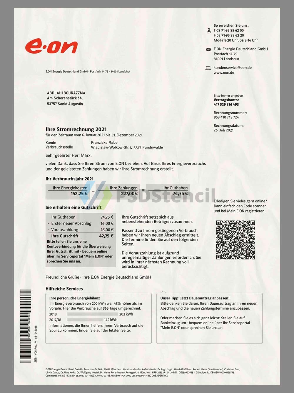欧盟|Germany E.ON Electricity Bills德国水电费账单PS/PSD模板（V2）-九流网络