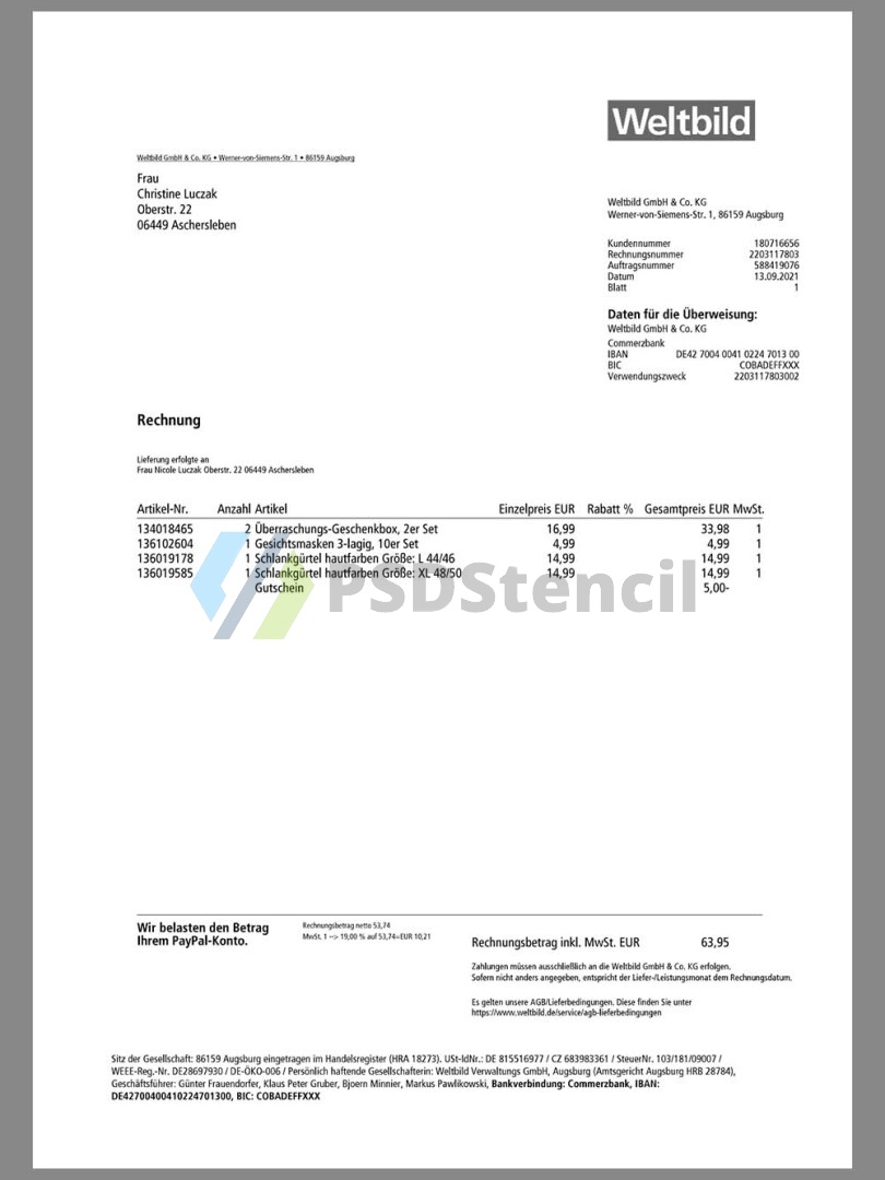 欧盟|Germany Weltbild Buy Invoice德国/奥地利购物账单/KYC地址证明pdf模板 | 九流网络-九流网络
