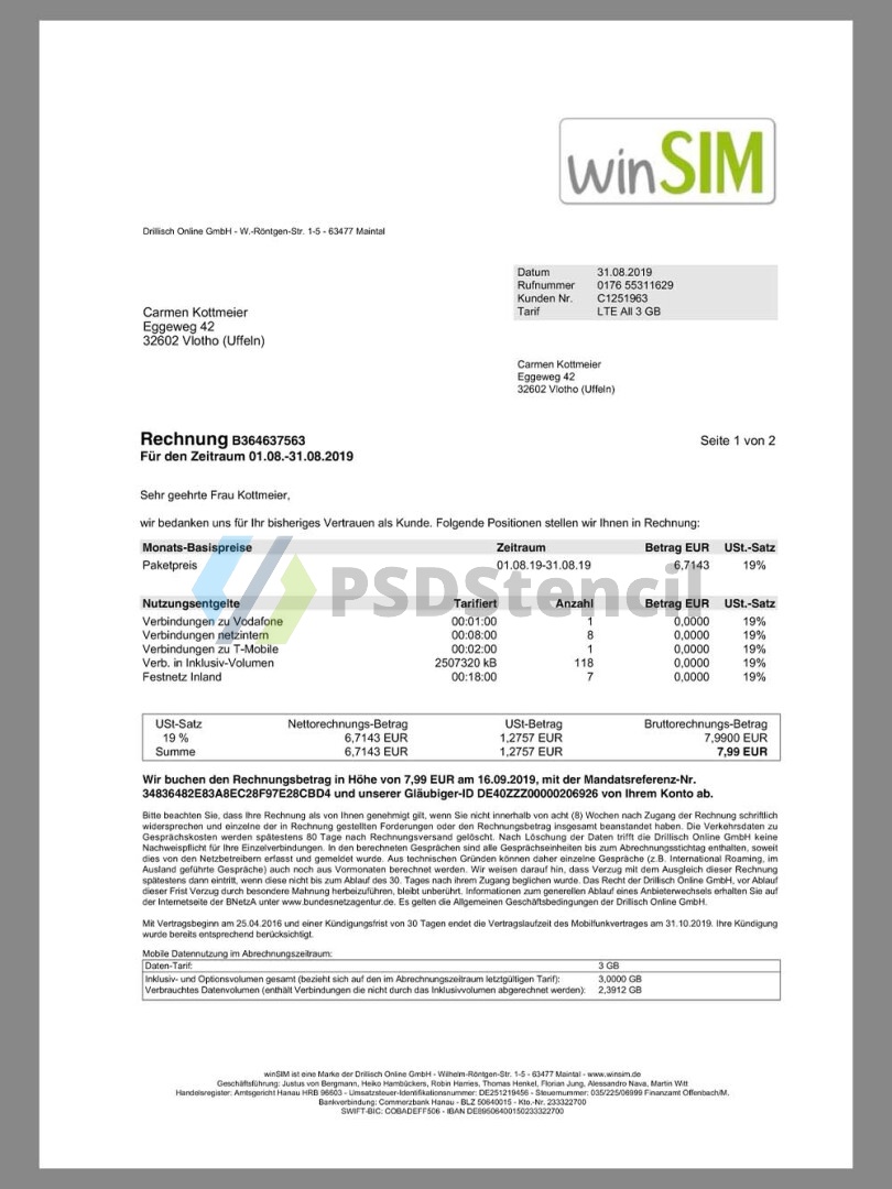 欧盟|Germany WinSIM Mobile Invoice德国话费账单/KYC地址证明pdf模板-九流网络