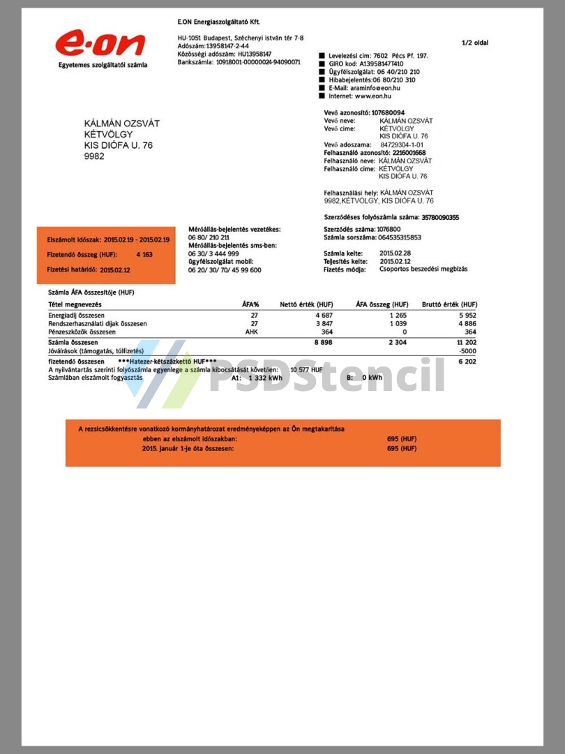 欧盟|Hungary E.ON Utility Bills匈牙利水电费账单/KYC地址证明psd/ps模板 | 九流网络-九流网络