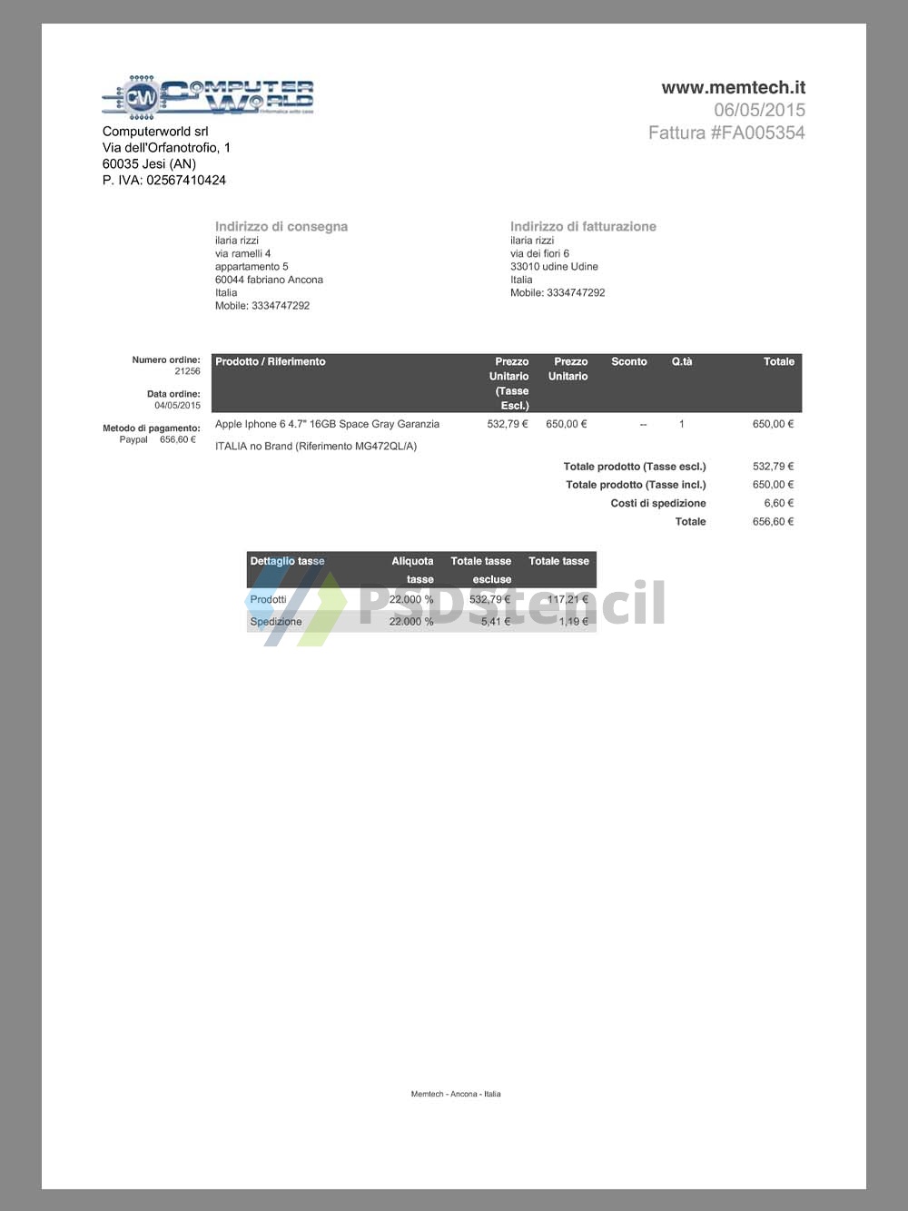 欧盟|Italy Computerworld Sales Invoice意大利购物账单/KYC地址证明pdf模板-九流网络
