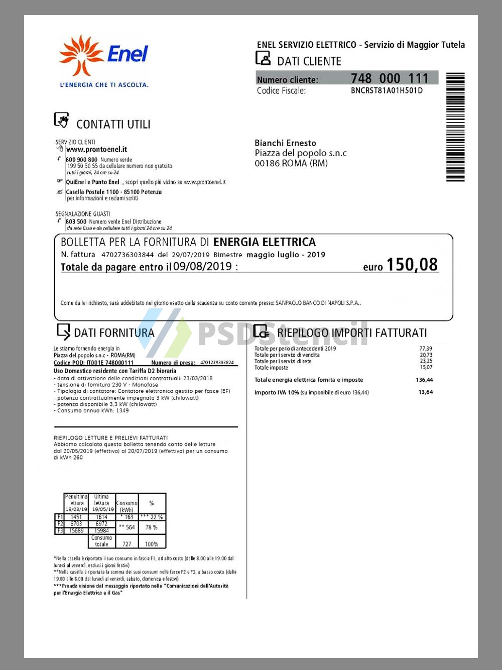 欧盟|Italy Enel Energia Utility Bills意大利水电费账单PS/PSD模板（V2）-九流网络