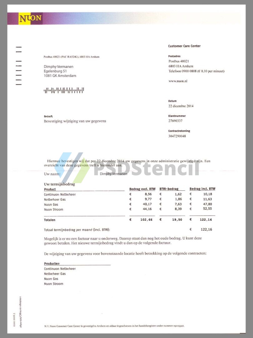 欧盟|Netherlands NUON Gas Utility Bills荷兰水电费账单PSD/PS模板 | 九流网络-九流网络