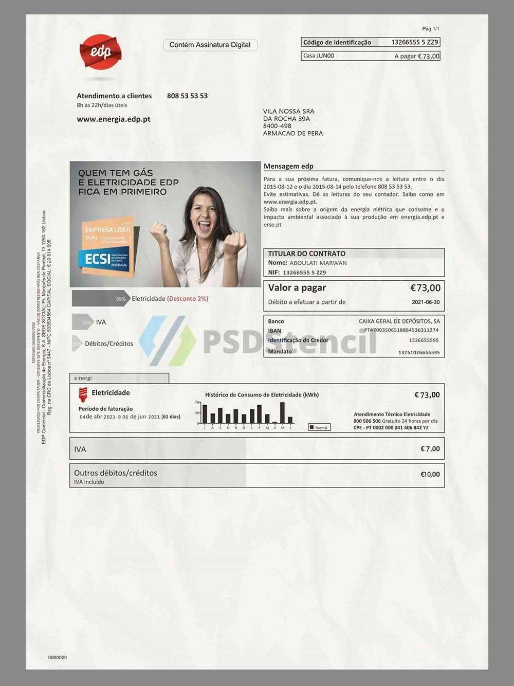 欧盟|Portugal EDP Utility Bills葡萄牙水电费账单/地址证明 PS/PSD模板（V1）-九流网络