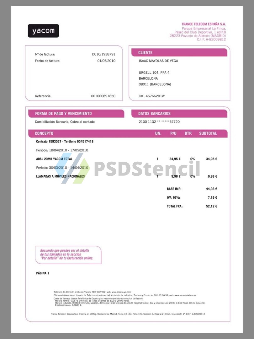 欧盟|Spain Orange España Telecom Utility Bills西班牙话费账单/地址证明pdf模板-九流网络