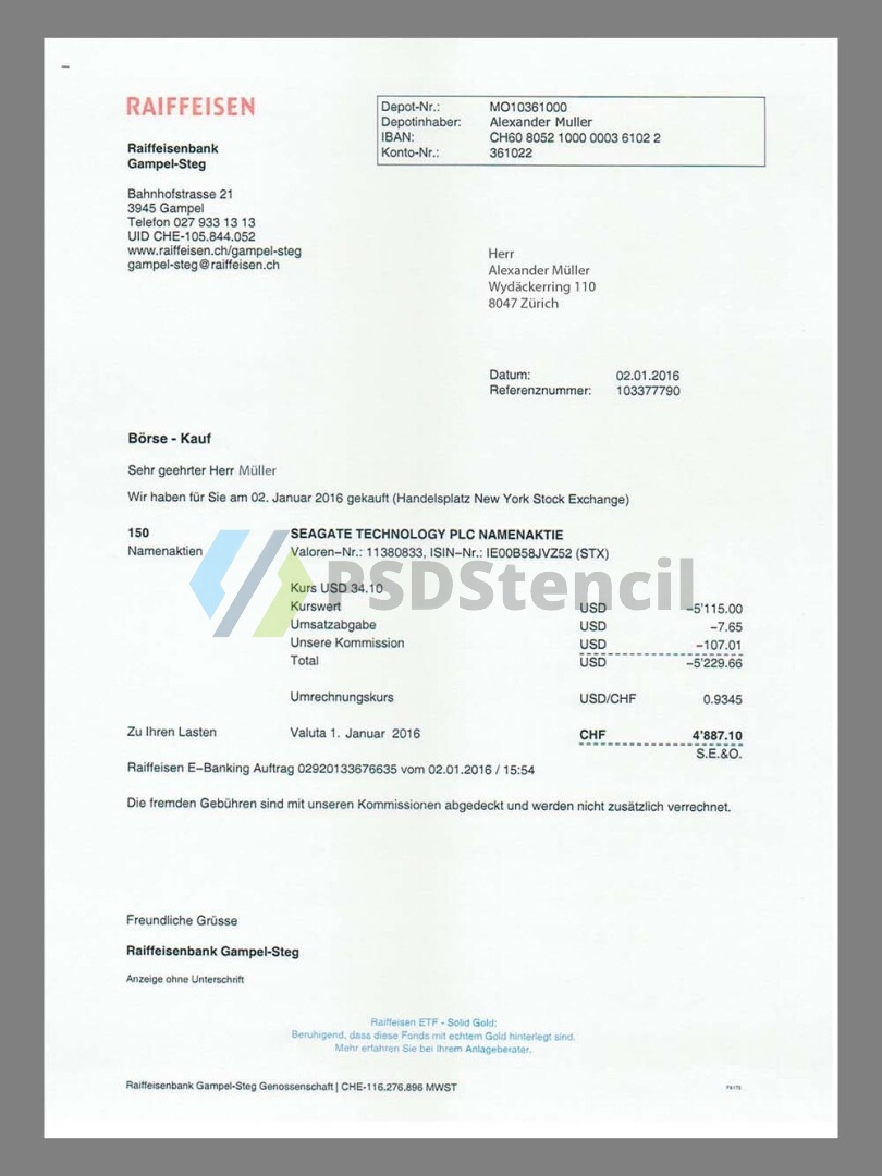 欧盟|Switzerland瑞士Raiffeisen银行账单/KYC地址证明psd模板-九流网络