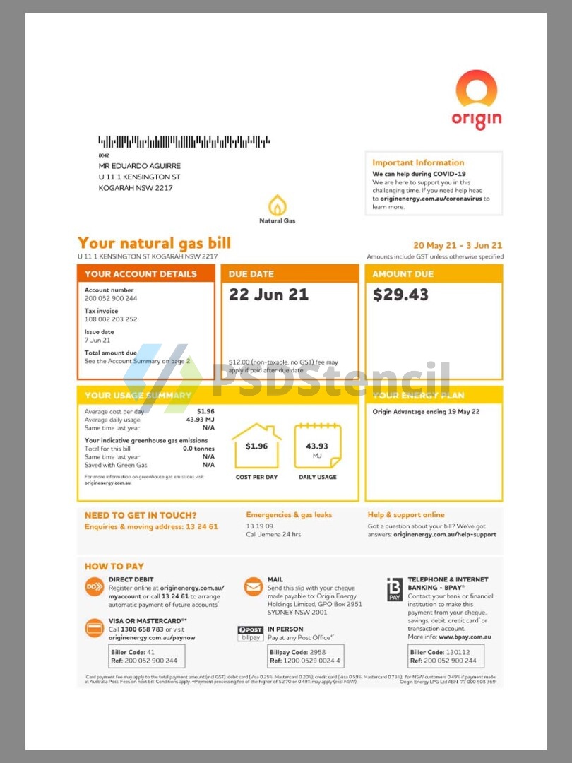 澳洲|Australia Origin Natural Gas Utility Bills澳大利亚水电费账单pdf模板-九流网络