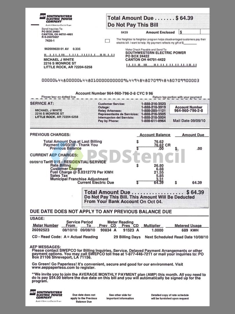 美国USA Arkansas Southwestern Electric Power Utility Bills水电费账单/KYC地址证明psd模板 | 九流网络-九流网络
