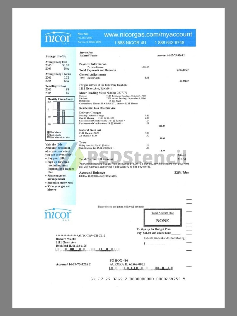 美国USA Illinois Nicor Gas Utility Bills水电费账单/KYC地址证明pdf模板 | 九流网络-九流网络