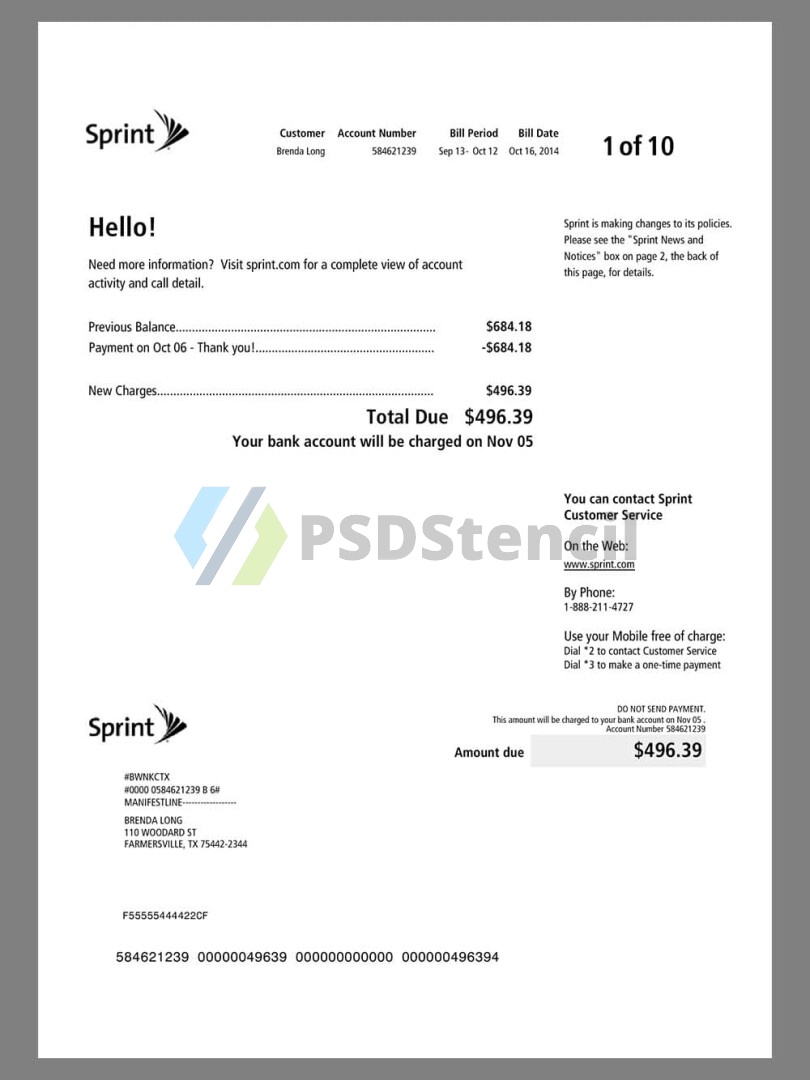 美国USA Sprint Cell Phone Bill电话水电费账单/KYC地址证明pdf模板 | 九流网络-九流网络