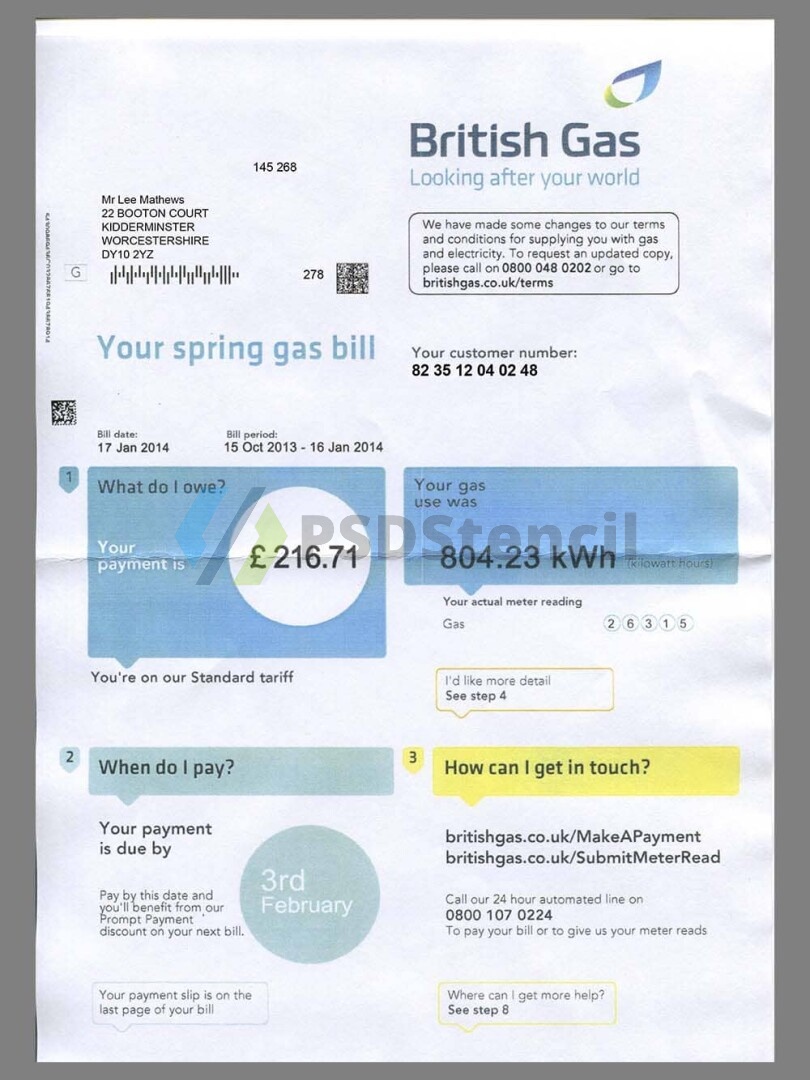英国British Gas Utility Bills水电费账单/KYC地址证明psd模板 V2 | 九流网络-九流网络