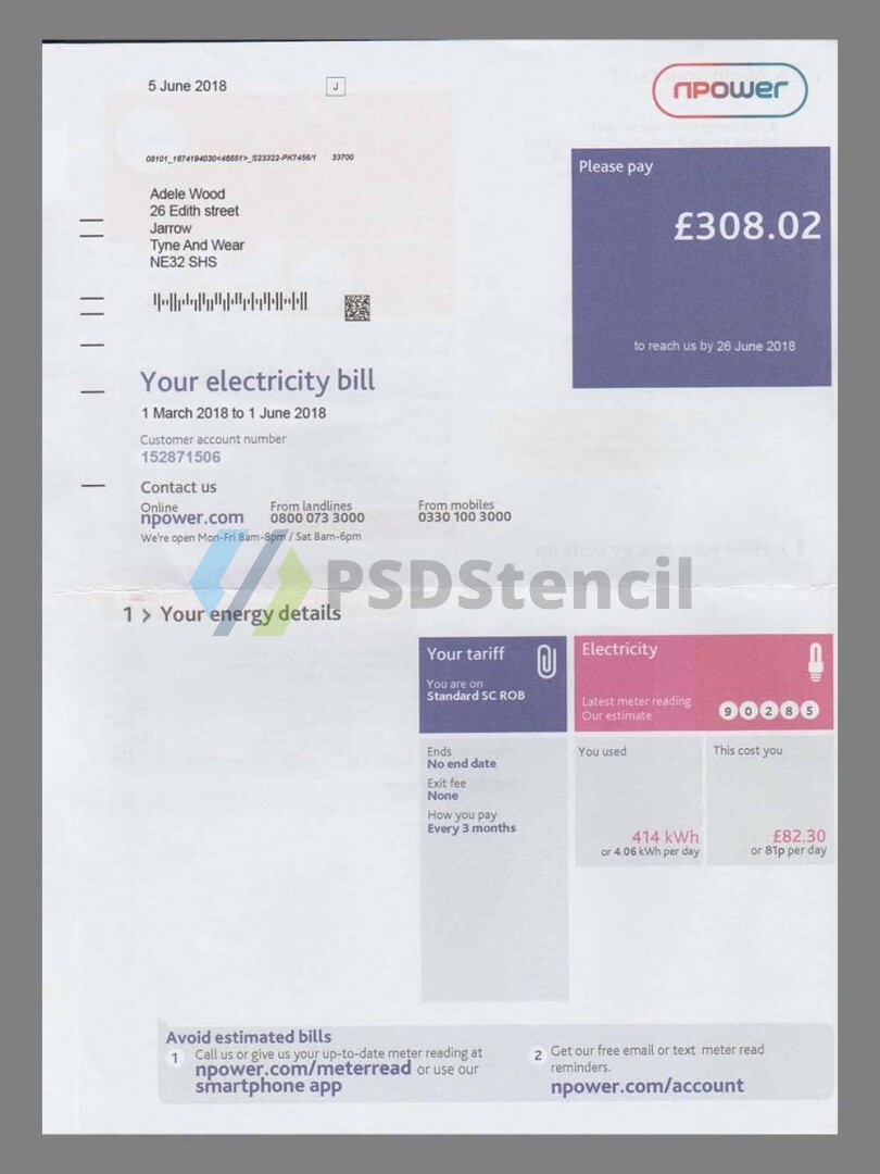 英国UK NPower Electricity Utility Bills水电费账单/KYC地址证明psd模板 | 九流网络-九流网络