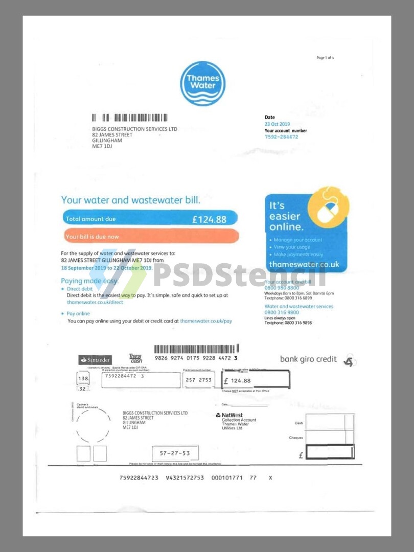 英国UK Thames Water Utility Bills水电费账单/KYC地址证明pdf模板 | 九流网络-九流网络