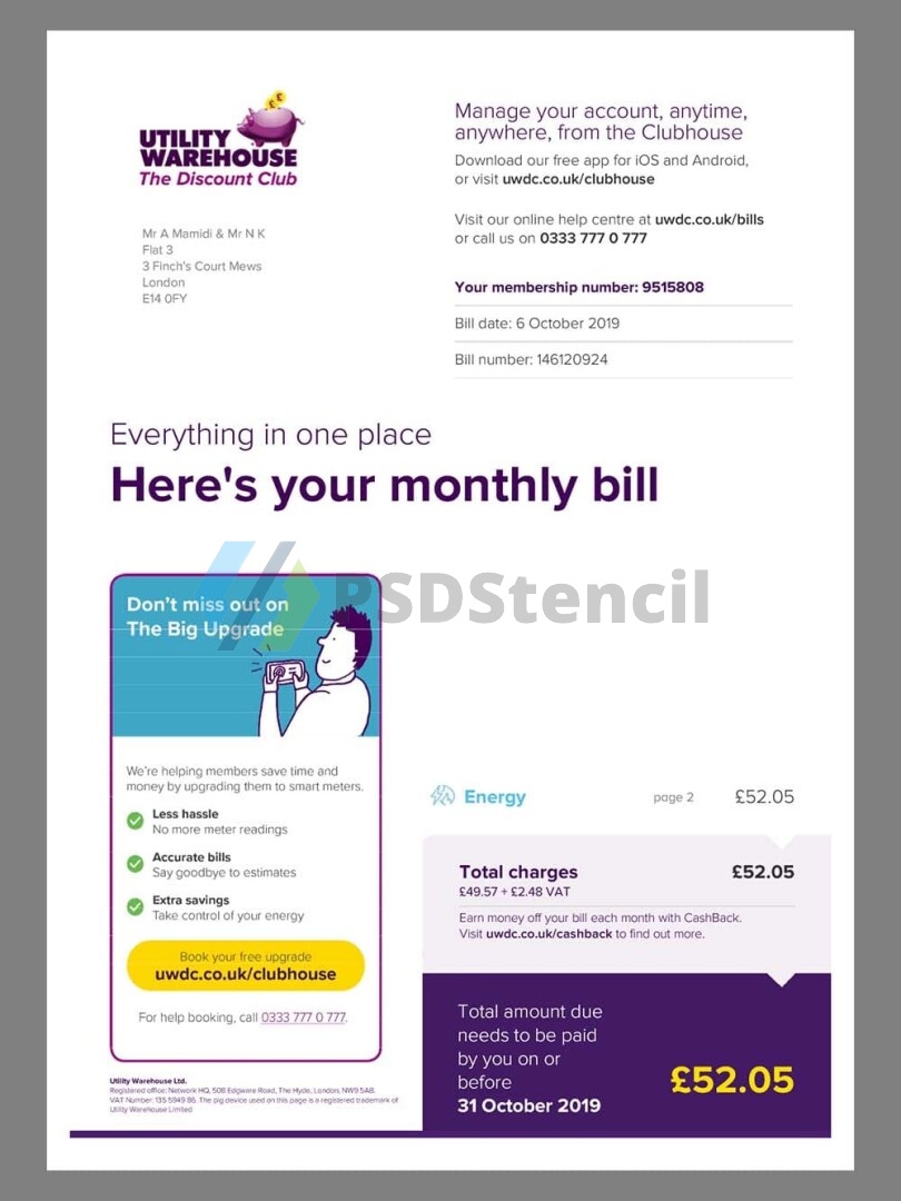 英国UK WareHouse Energy Utility Bills水电费账单/KYC地址证明pdf模板 | 九流网络-九流网络