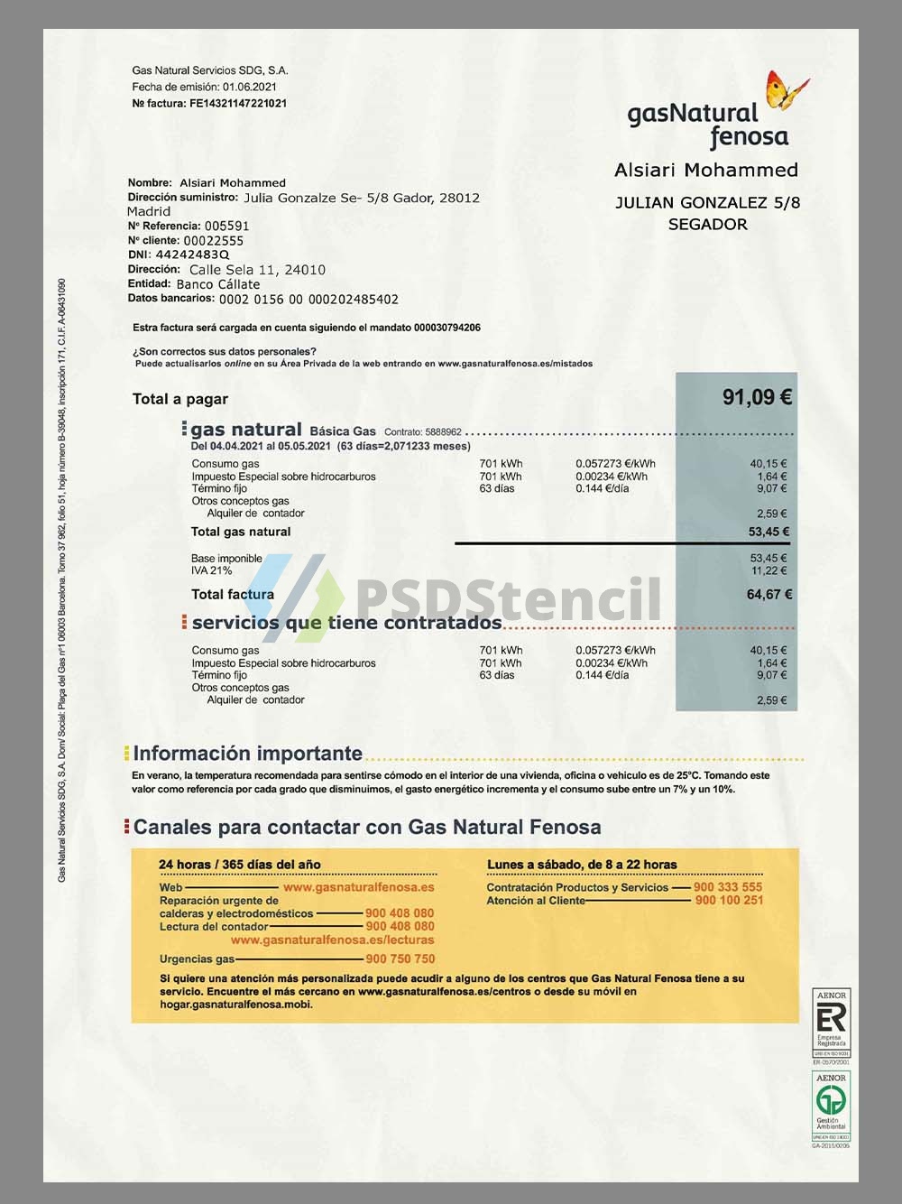 西班牙|南美 Gas Natural Utility Bills水电费账单/KYC地址证明PS/PSD模板-九流网络