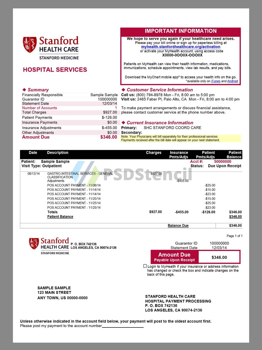 USA California Stanford Hospital Service Billing美国加州斯坦福医院账单word模板-九流网络
