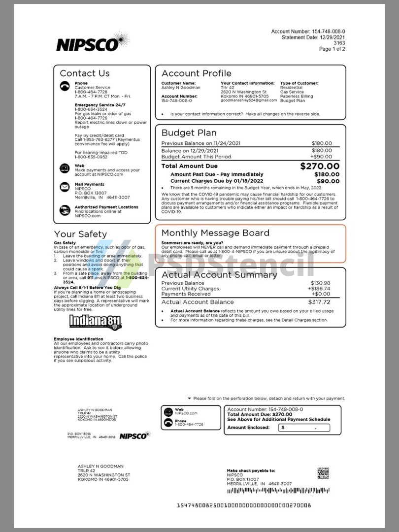 USA Indiana NIPSCO Utility Bills美国印第安纳州水电费账单word/pdf模板-九流网络