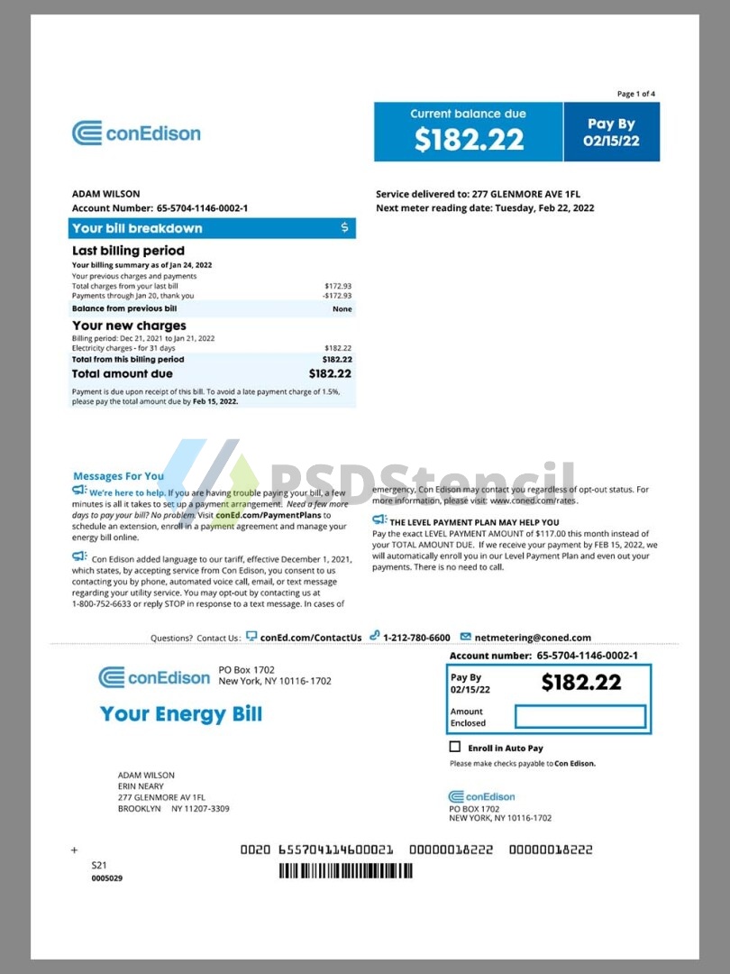 USA New York ConEdison Energy Utility Bill美国纽约水电费账单word/pdf模板 | 九流网络-九流网络