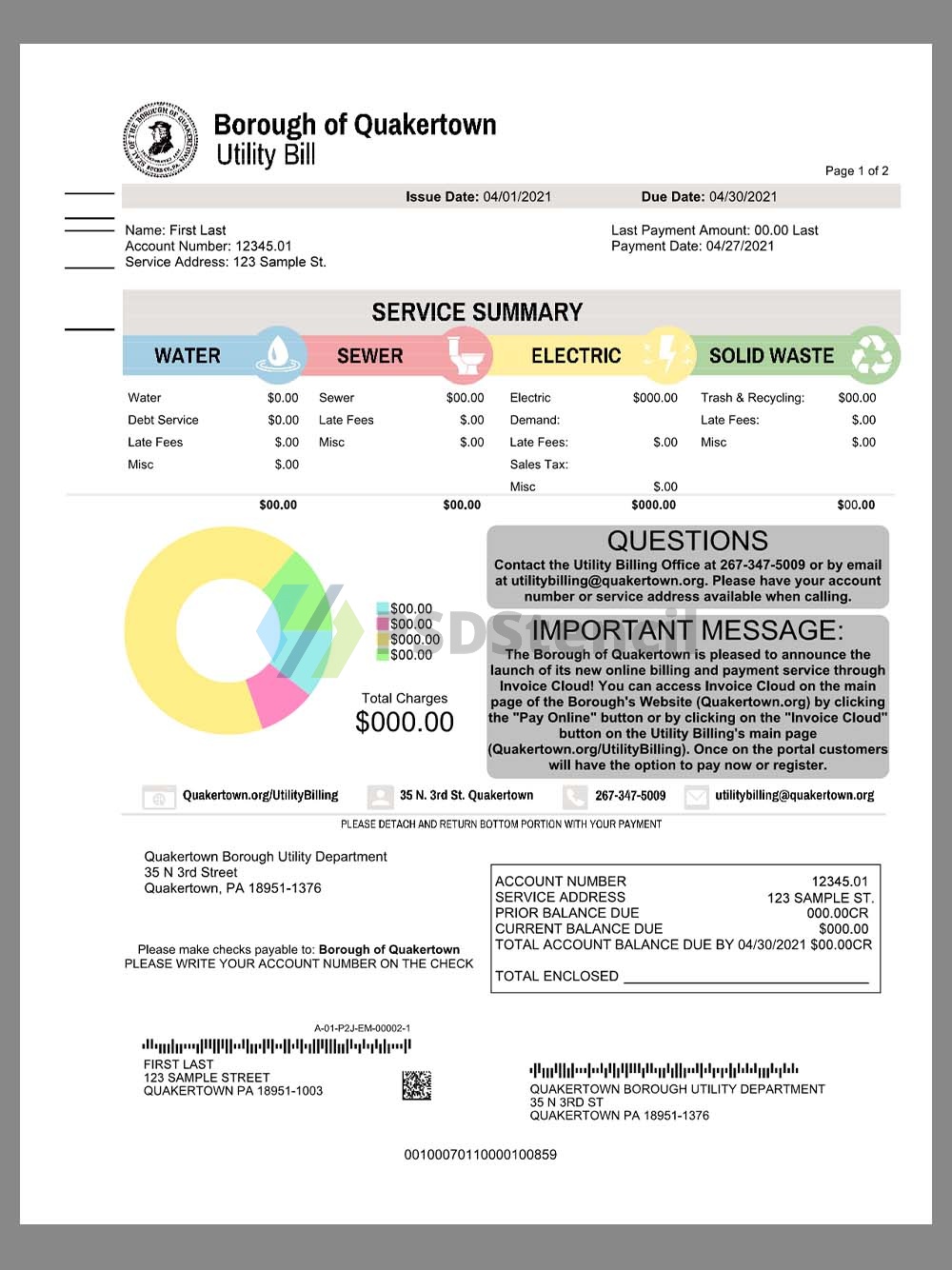 USA Pennsylvania Borough of Quakertown Water Bills美国宾州水费账单pdf&word模板-九流网络