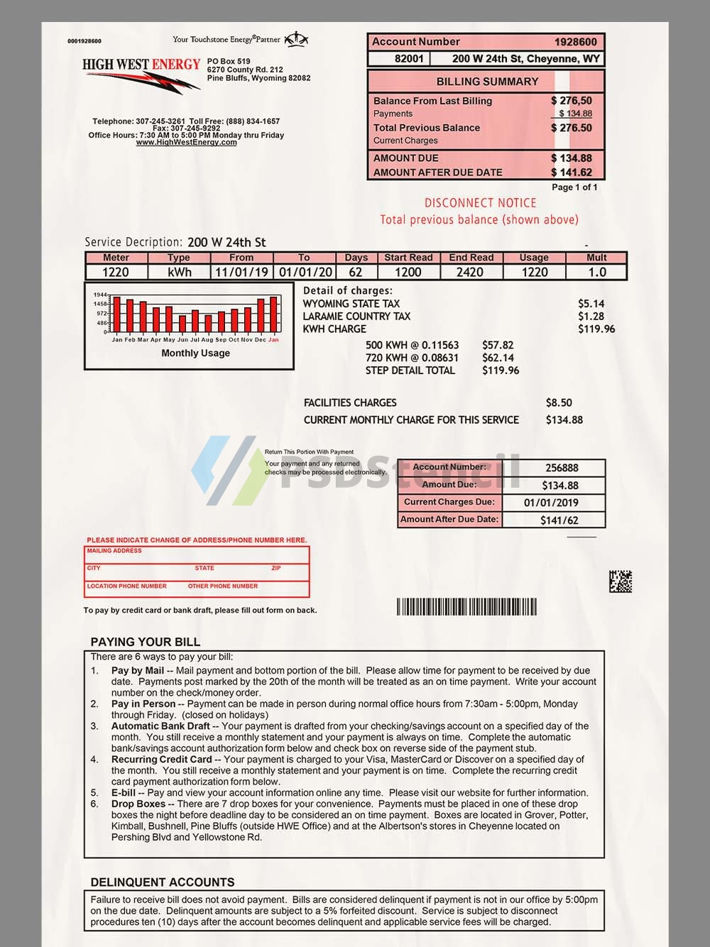 USA Wyoming High West Energy Bills美国怀俄明州水电费账单PS/PSD模板-九流网络