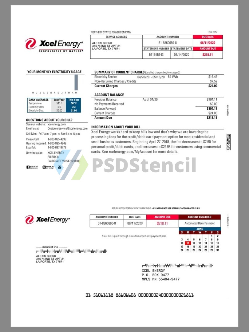 USA Xcel Energy Utility Bills美国水电费账单/KYC地址证明word/pdf模板-九流网络