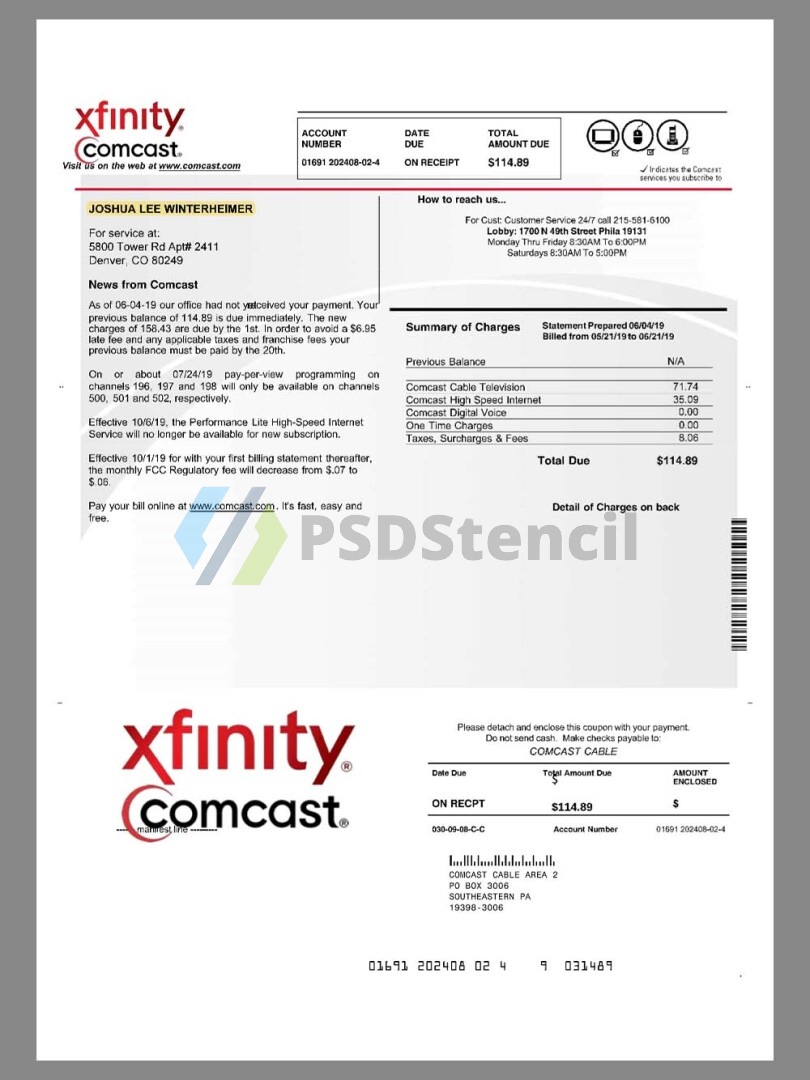USA Xfinity Comcast Invoice美国无线通信电视/宽带/话费账单pdf模板-九流网络