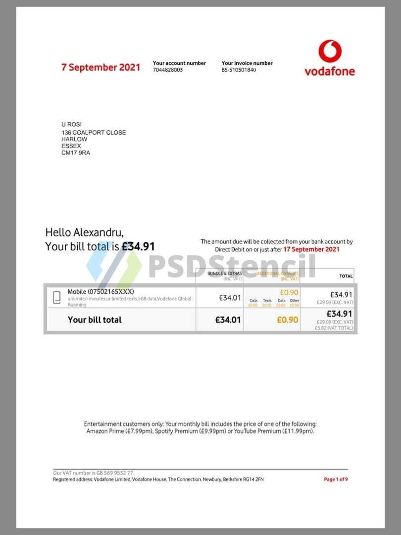 Vodafone Telecom Invoice网费/话费账单/KYC地址证明pdf模板 | 九流网络-九流网络