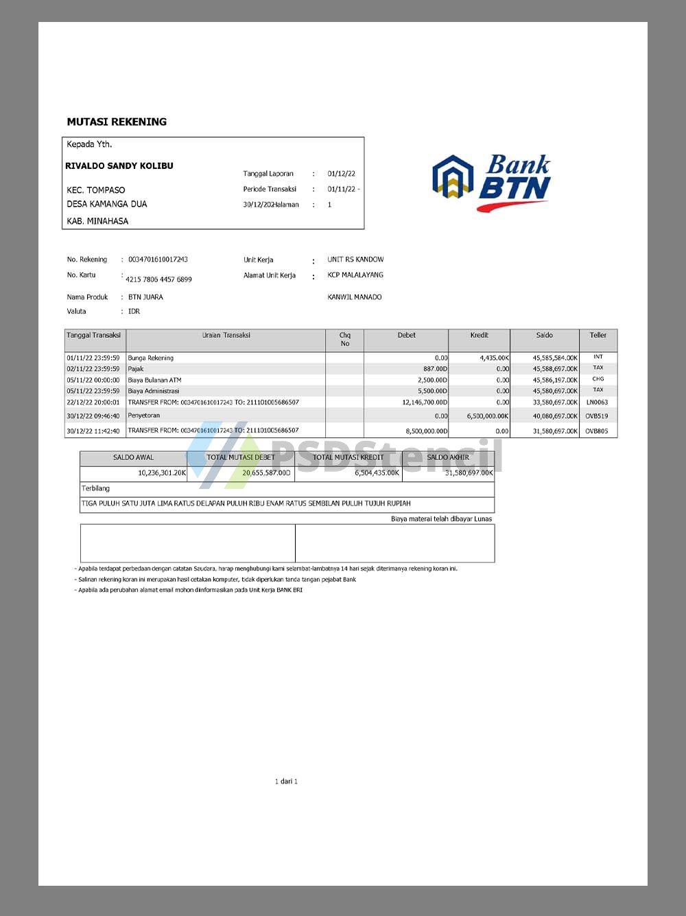 东南亚| Indonesia BTN Bank Statement印度尼西亚/印尼银行账单pdf模板-九流网络