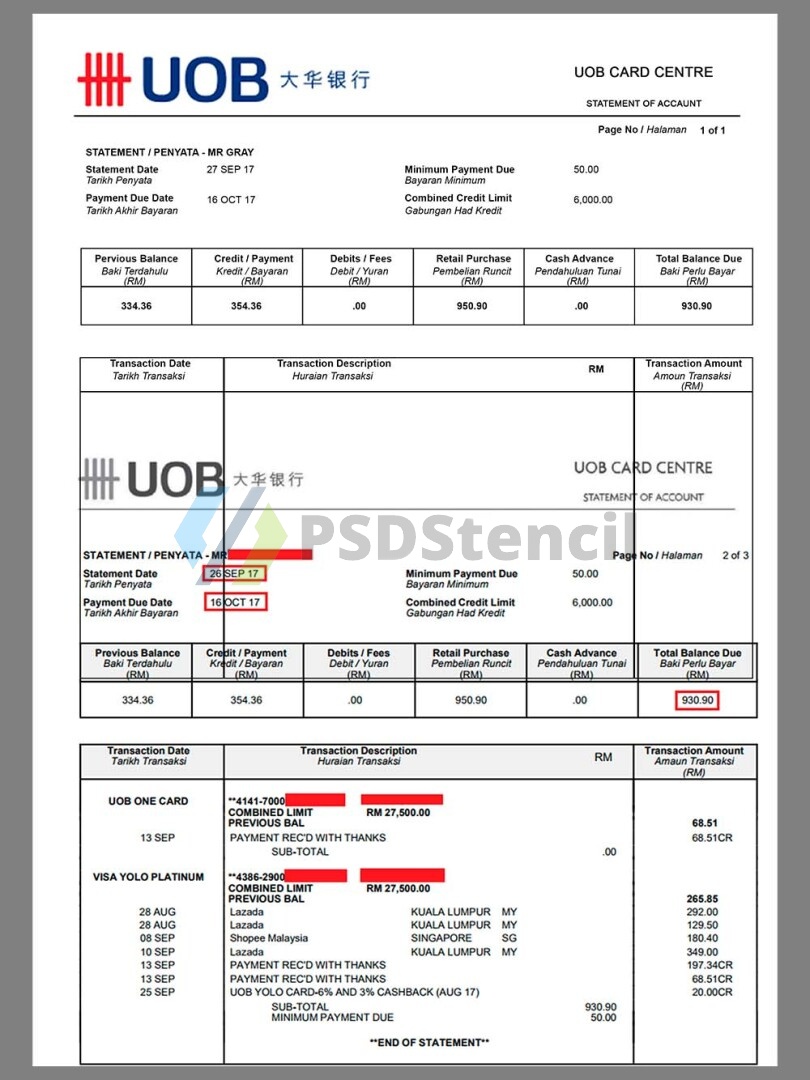 东南亚|新加坡大华银行Uob Bank Statement银行账单/KYC地址证明psd模板 | 九流网络-九流网络