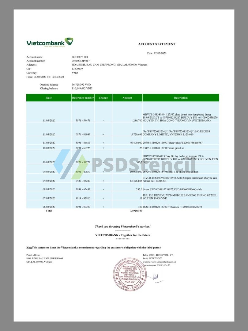 东南亚|Vietnam Vietcombank Statement越南银行信用卡账单/KYC地址证明pdf模板 | 九流网络-九流网络