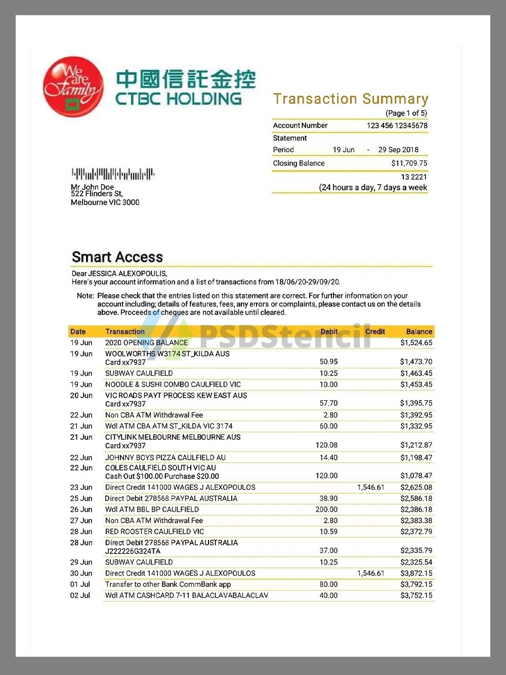 中国|Taiwan Bank Statement台湾银行账单/地址证明pdf模板 | 九流网络-九流网络