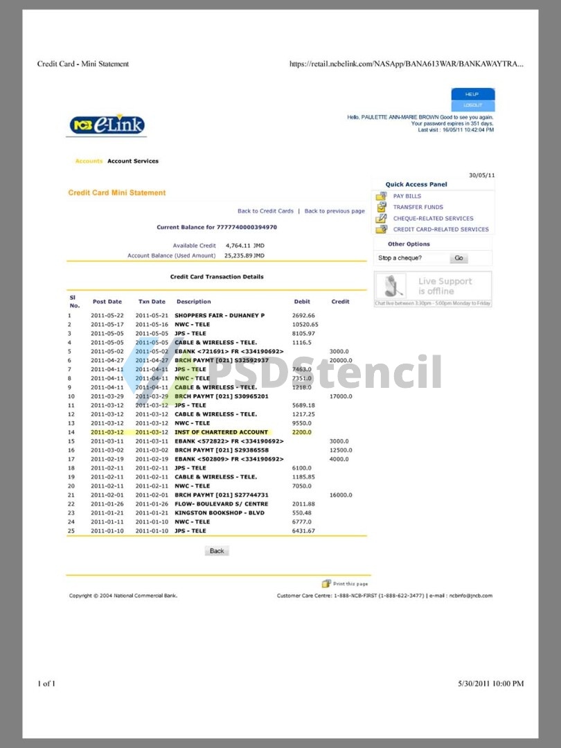 中美|牙买加Jamaica Ncbelink Credit Card Mini Statement银行账单/KYC地址证明pdf/word模板 | 九流网络-九流网络