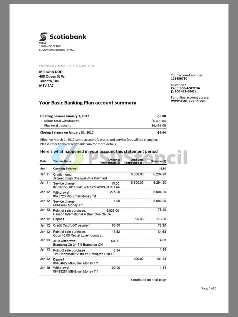 加拿大Canada Scotiabank Bank Statement银行账单/KYC地址证明word模板 | 九流网络-九流网络