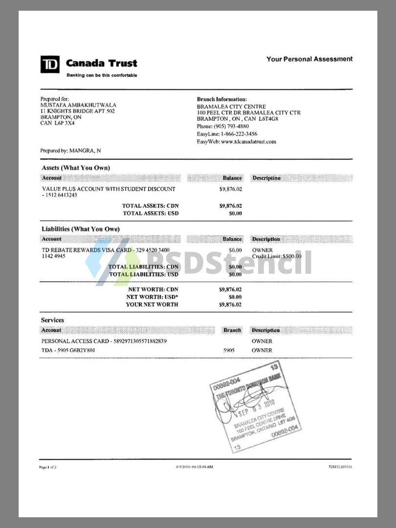 加拿大Canada Trust Bank Statement银行账单/KYC地址证明pdf模板 | 九流网络-九流网络